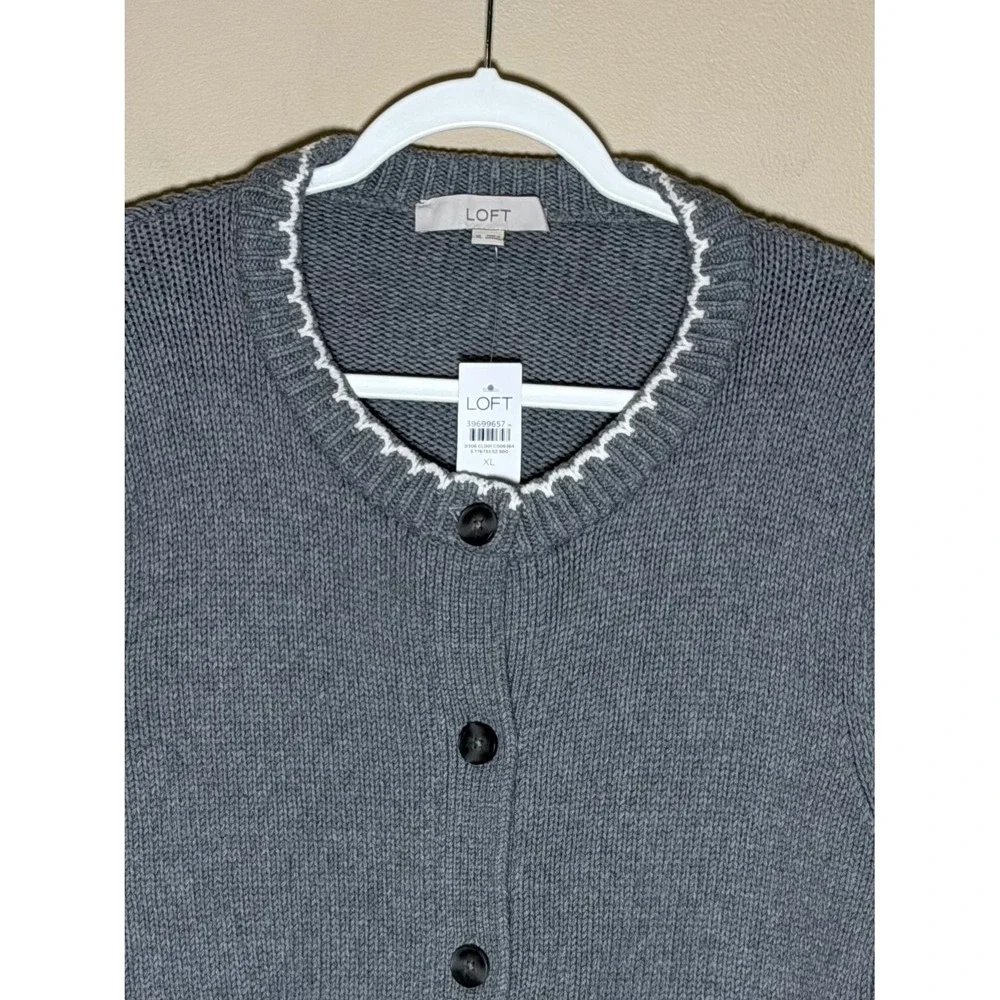LOFT Gray Button Front Cardigan XL NWT Scalloped Trim Pockets Sweater